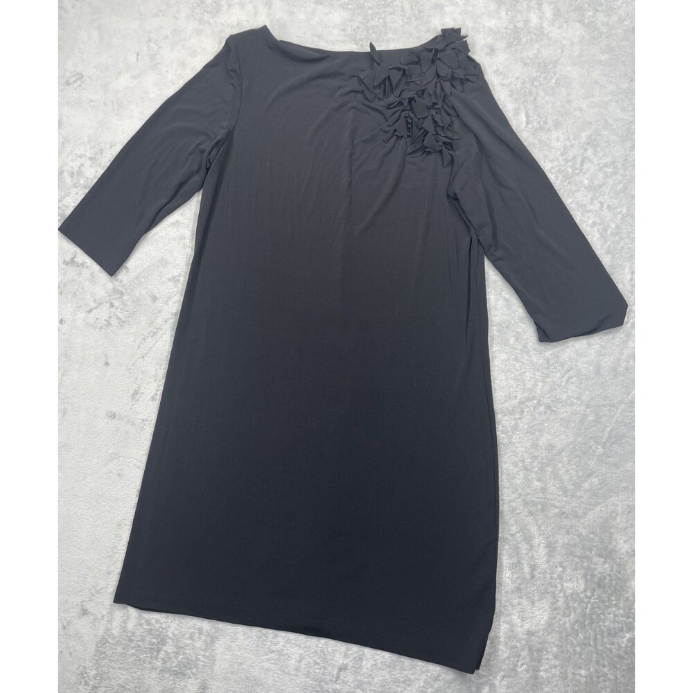 Clari.e. Black Size 10 Shift Dress Floral Applique Shoulder 3/4 Sleeve Boat Neck